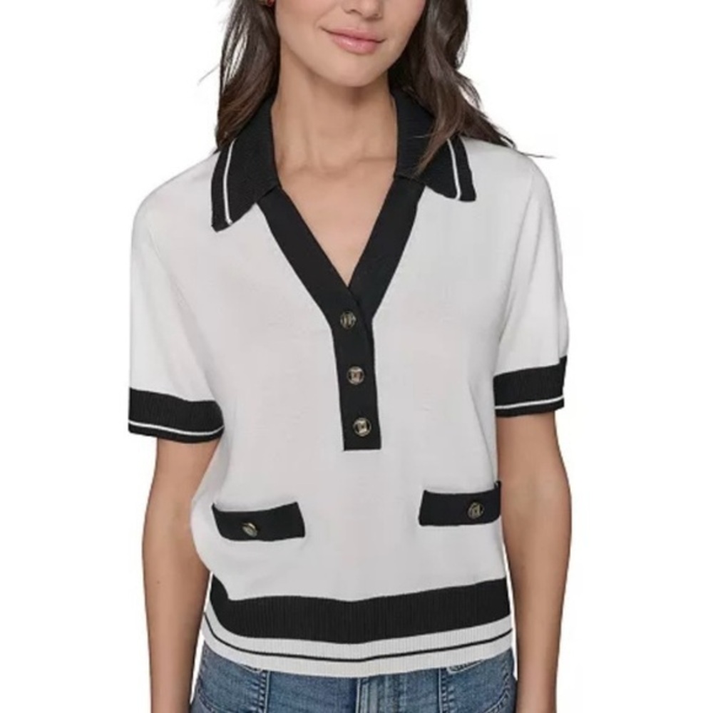 KARL LAGERFELD PARIS Women's Short-Sleeve Collared Sweater in Soft White Size XS